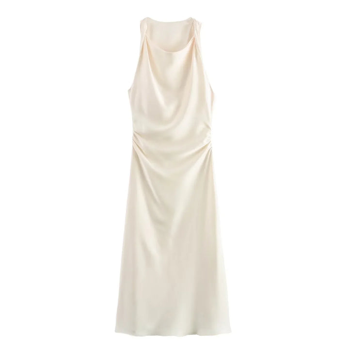 Sleeveless Midi Dress for Women - Cowl Neck - Ruched
