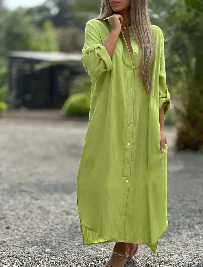 Button-Down Maxi Shirt Dress for Women - Long Sleeve Collared