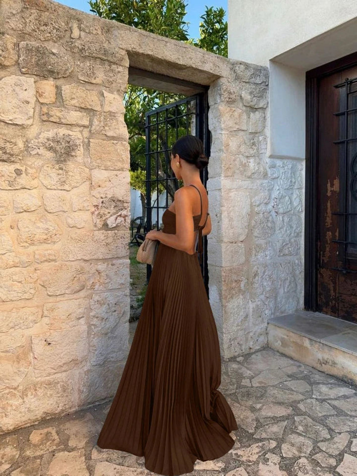 Pleated A-Line Maxi Dress for Women - Halter Strappy