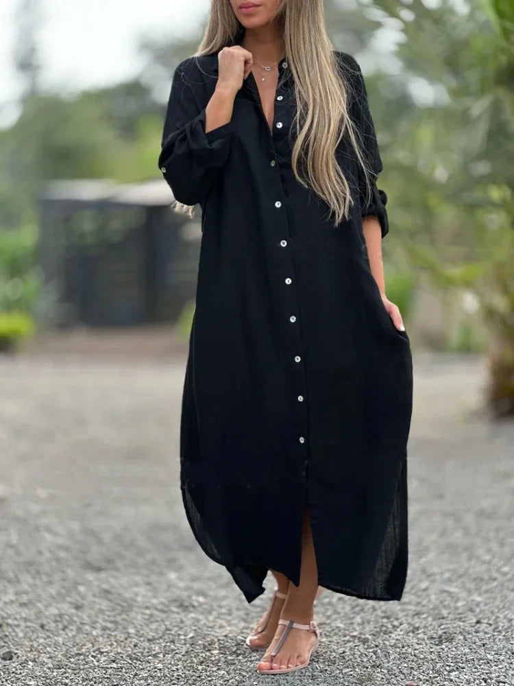 Button-Down Maxi Shirt Dress for Women - Long Sleeve Collared