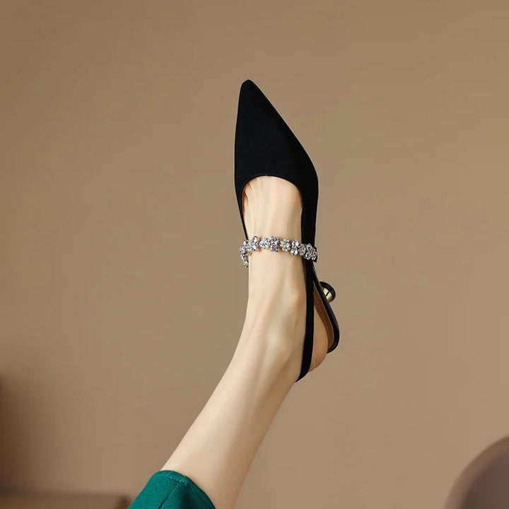 Women’s Crystal Strap Slingback Heels with Pointed Toe and Adjustable Back Strap