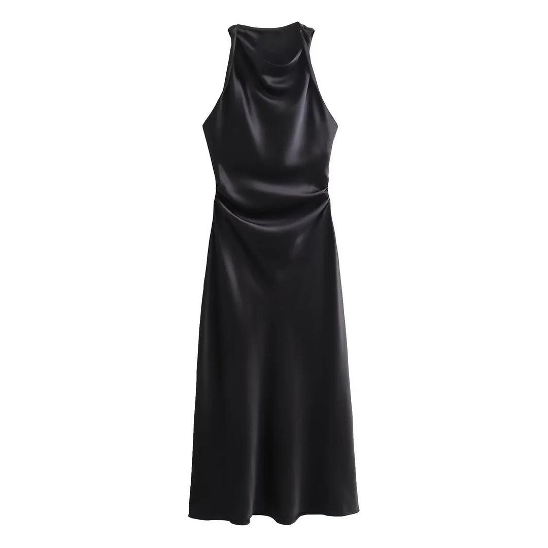 Sleeveless Midi Dress for Women - Cowl Neck - Ruched