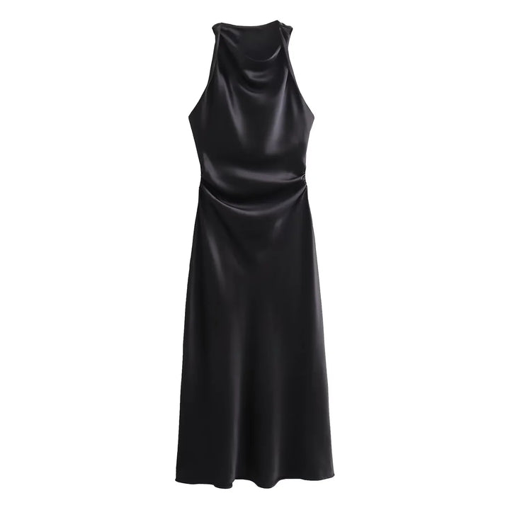 Sleeveless Midi Dress for Women - Cowl Neck - Ruched