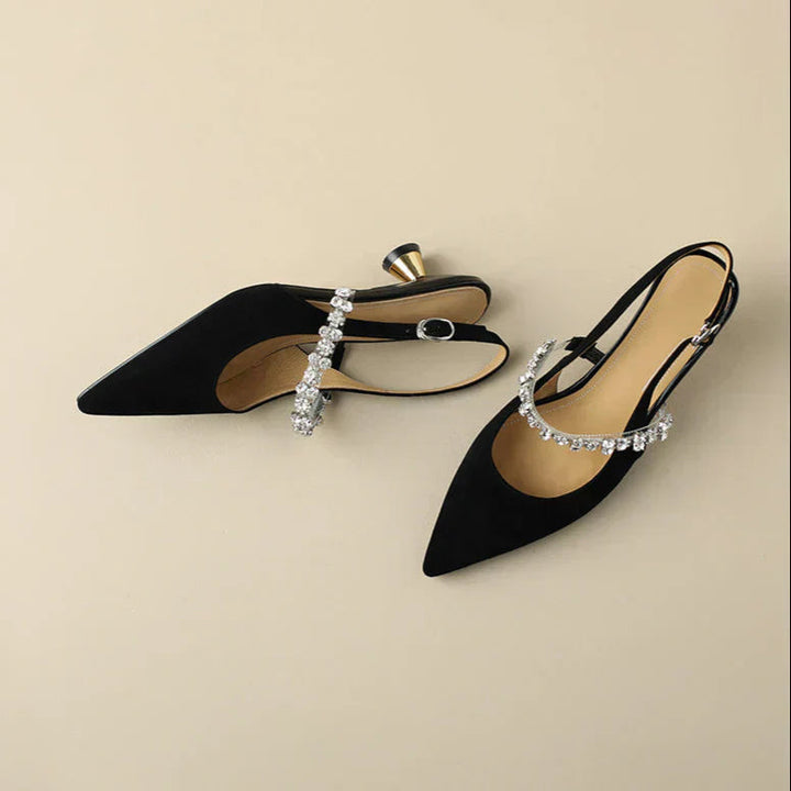 Women’s Crystal Strap Slingback Heels with Pointed Toe and Adjustable Back Strap