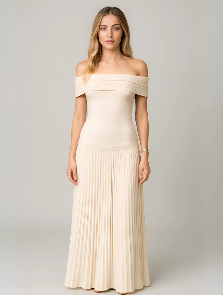 Off-the-Shoulder Pleated Maxi Dress for Women - Fitted Bodice Ruched