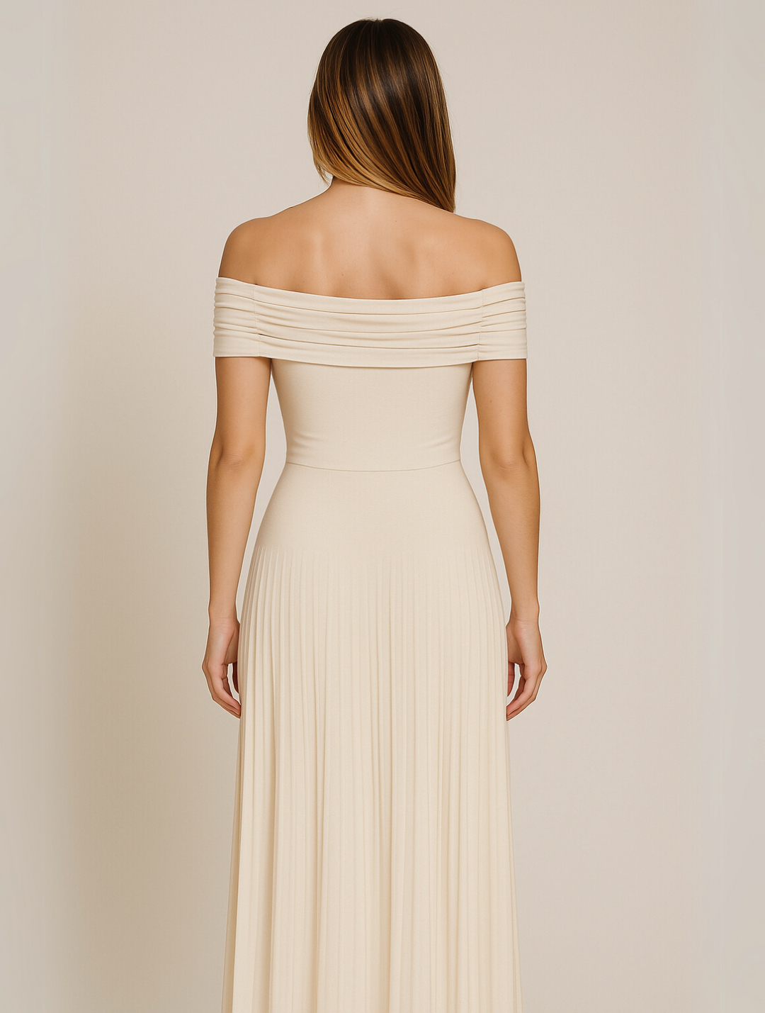 Off-the-Shoulder Pleated Maxi Dress for Women - Fitted Bodice Ruched