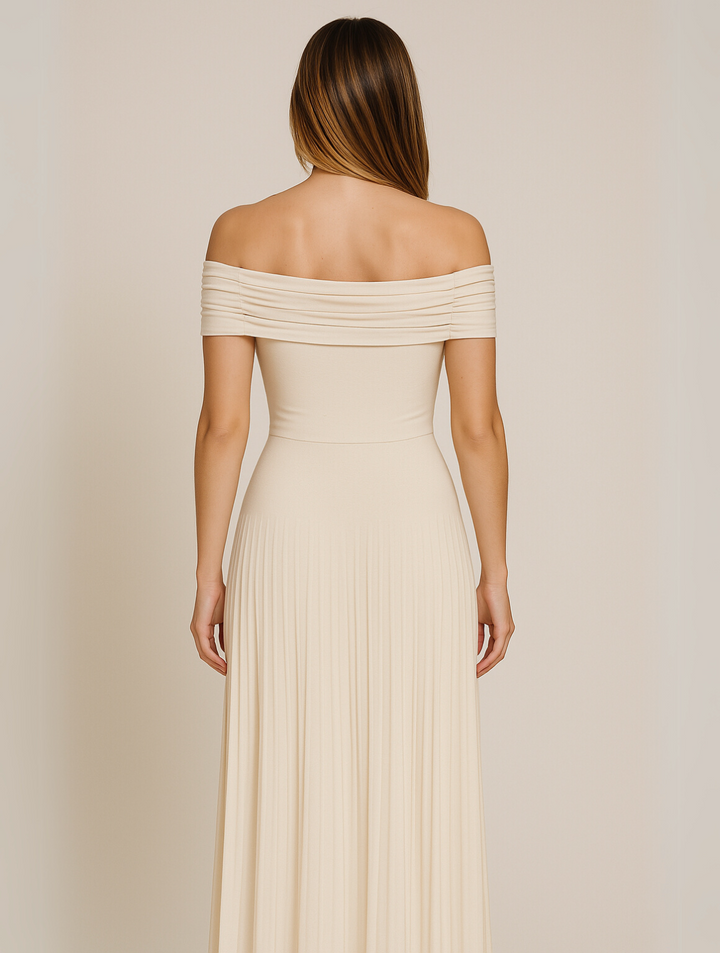 Off-the-Shoulder Pleated Maxi Dress for Women - Fitted Bodice Ruched