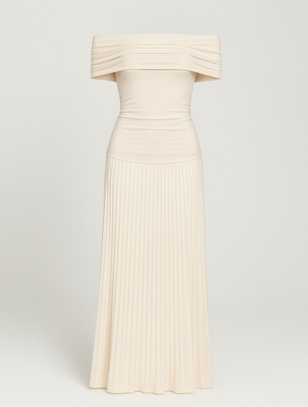 Off-the-Shoulder Pleated Maxi Dress for Women - Fitted Bodice Ruched