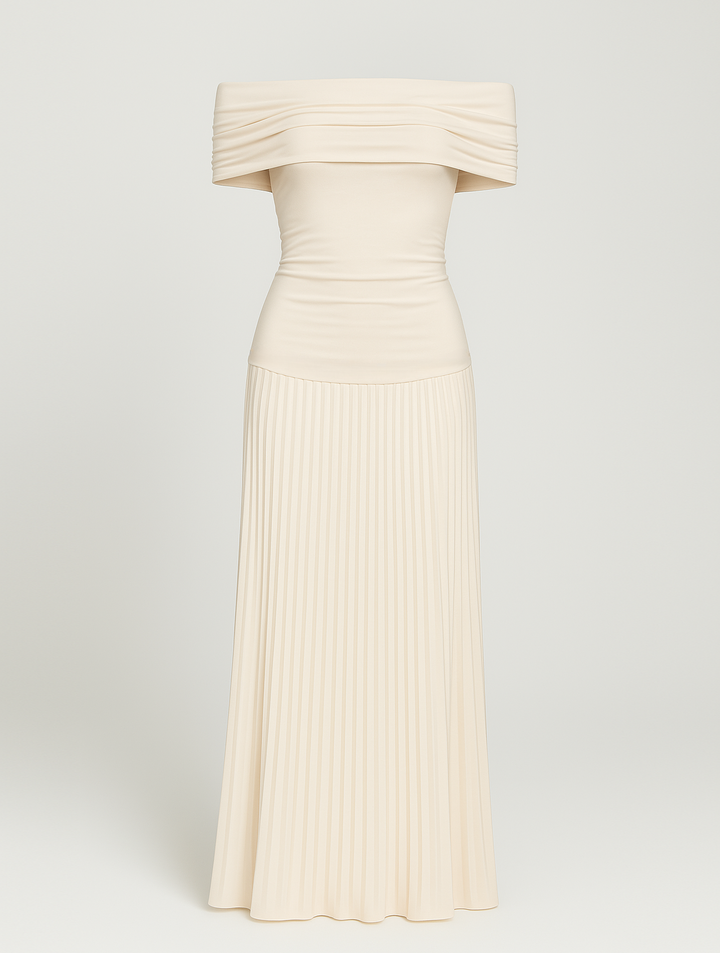 Off-the-Shoulder Pleated Maxi Dress for Women - Fitted Bodice Ruched