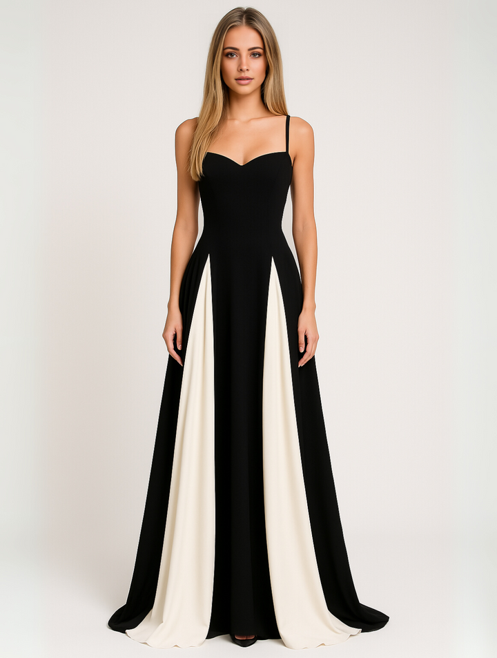 A-Line Evening Dress for Women - Spaghetti Strap - Color Block