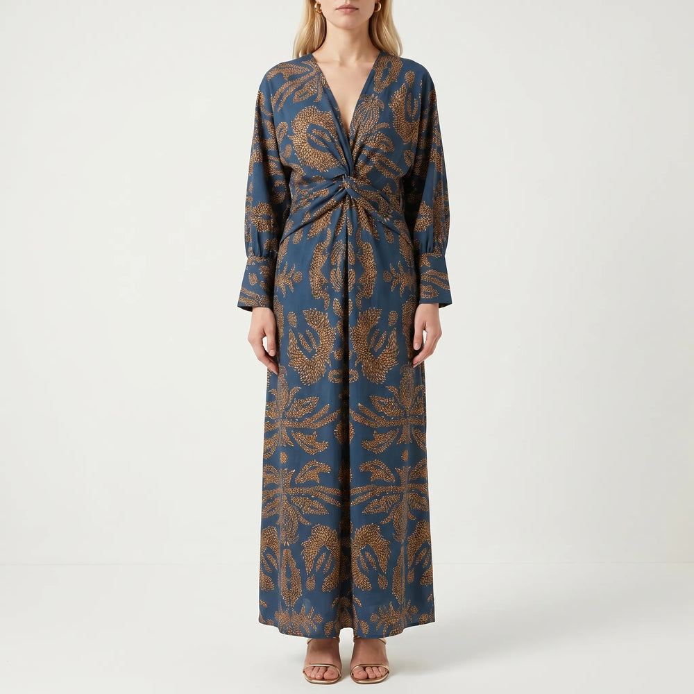 Velourne - Printed A-Line Maxi Dress With Front Knot