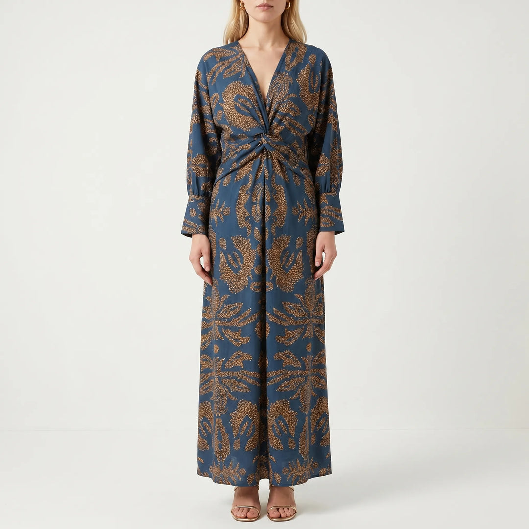 Velourne - Printed A-Line Maxi Dress With Front Knot