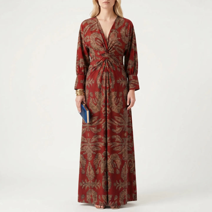 Velourne - Printed A-Line Maxi Dress With Front Knot