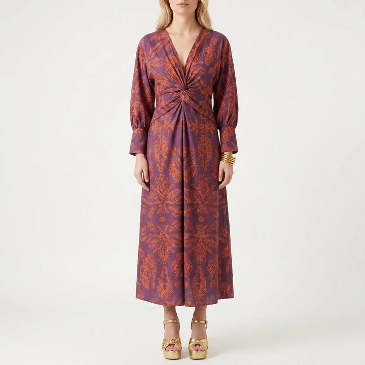 Velourne - Printed A-Line Maxi Dress With Front Knot
