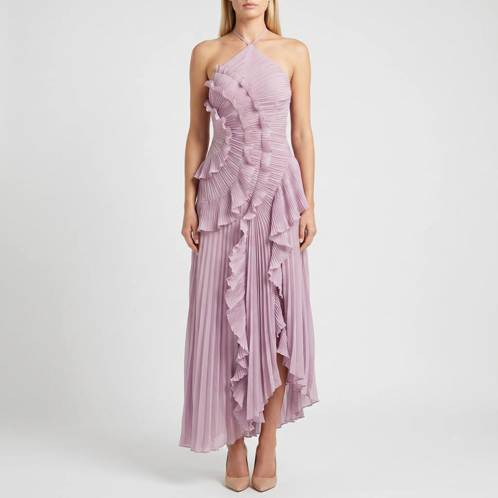 Velurna - Halter Neck Pleated Midi Dress