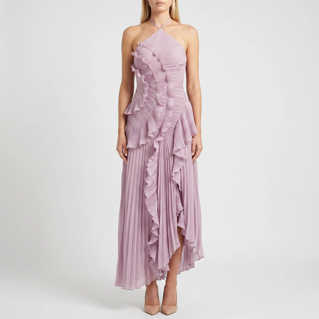 Velurna - Halter Neck Pleated Midi Dress