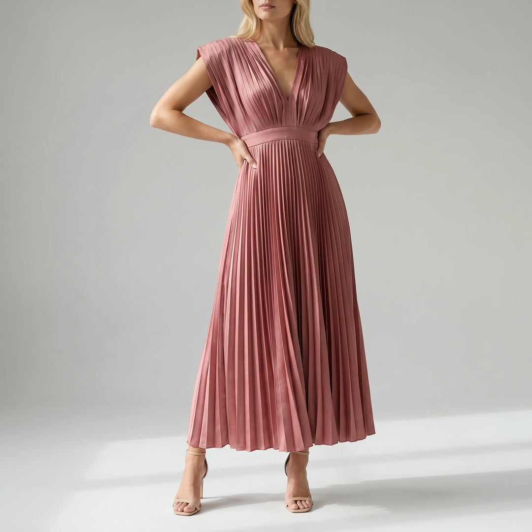 Velvara - Pleated V-Neck Maxi Dress