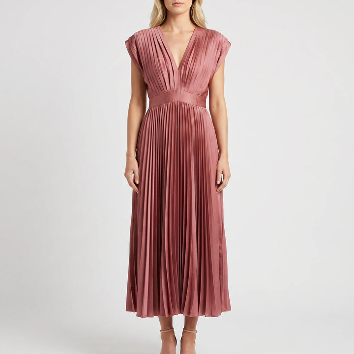 Velvara - Pleated V-Neck Maxi Dress