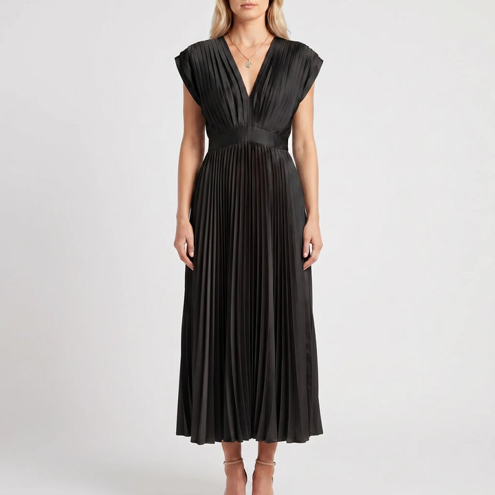 Velvara - Pleated V-Neck Maxi Dress