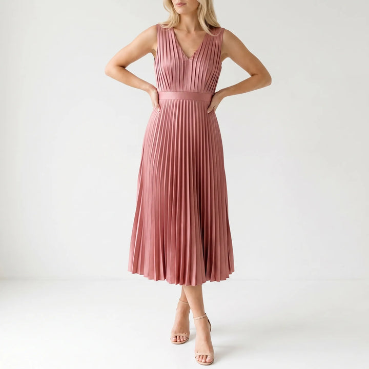 Velvara - Pleated V-Neck Midi Occasion Dress