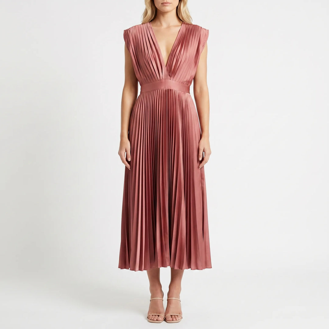 Velvara - Pleated V-Neck Midi Occasion Dress