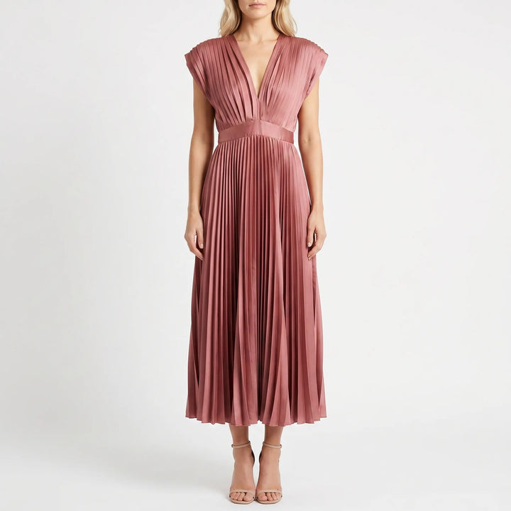 Velvara - Pleated V-Neck Midi Occasion Dress