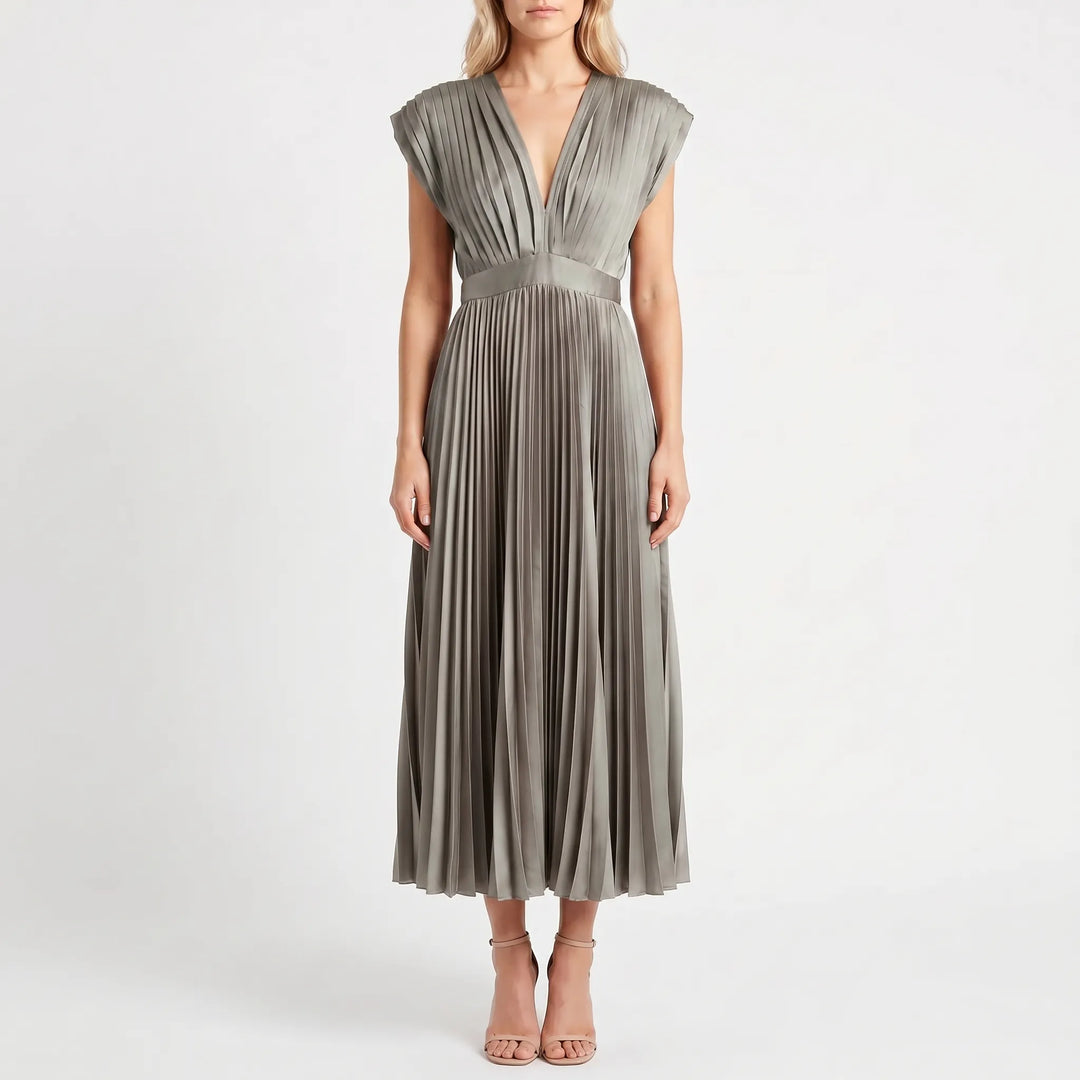 Velvara - Pleated V-Neck Midi Occasion Dress