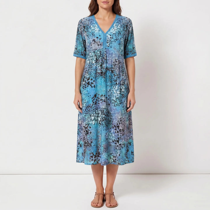 Vibrella - Printed V-Neck Midi Dress With Pockets