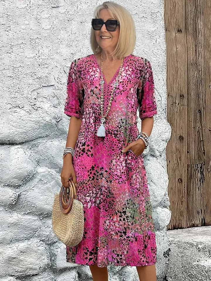 Vibrella - Printed V-Neck Midi Dress With Pockets