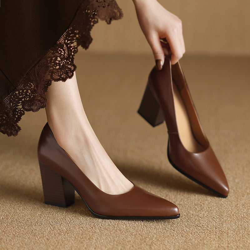 Women’s Block Heel Pumps with Pointed Toe and Slip-On Design