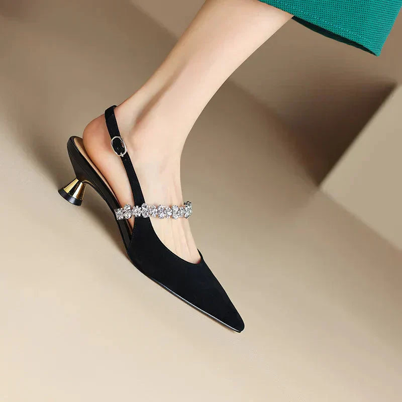 Women’s Crystal Strap Slingback Heels with Pointed Toe and Adjustable Back Strap