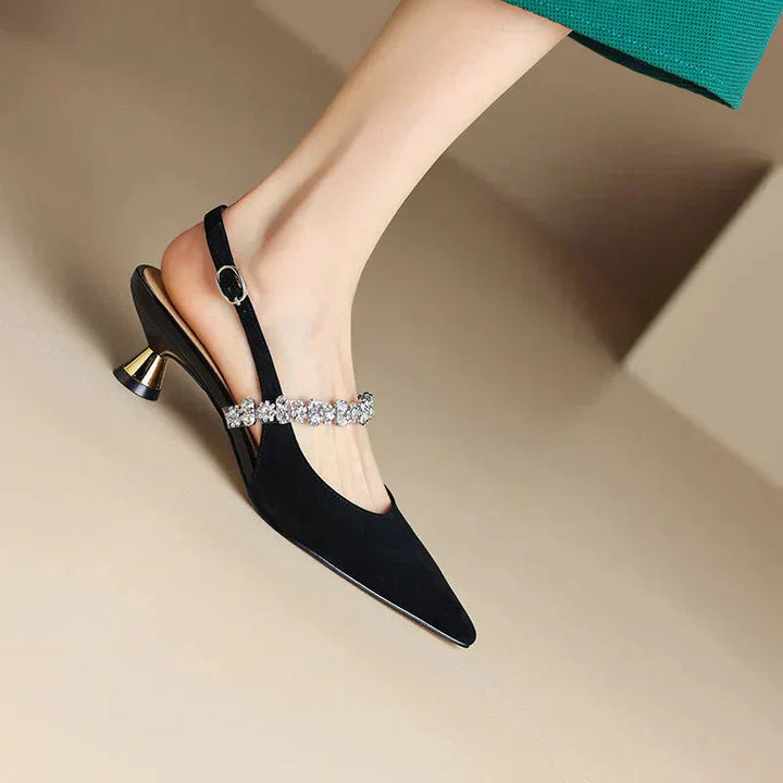 Women’s Crystal Strap Slingback Heels with Pointed Toe and Adjustable Back Strap