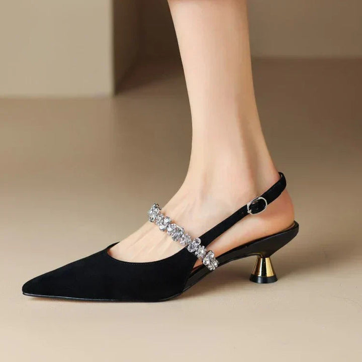 Women’s Crystal Strap Slingback Heels with Pointed Toe and Adjustable Back Strap