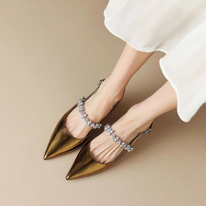 Women’s Crystal Strap Slingback Heels with Pointed Toe and Adjustable Back Strap