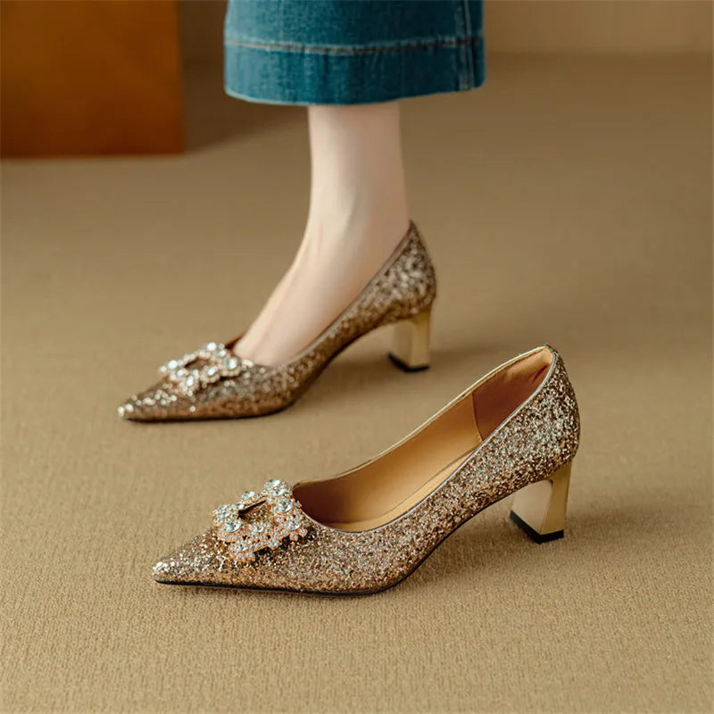 Women’s Glitter Pumps with Pointed Toe and Block Heel
