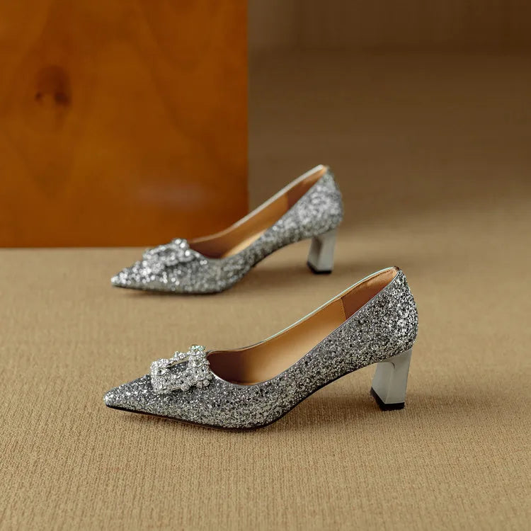 Women’s Glitter Pumps with Pointed Toe and Block Heel