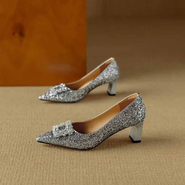 Women’s Glitter Pumps with Pointed Toe and Block Heel
