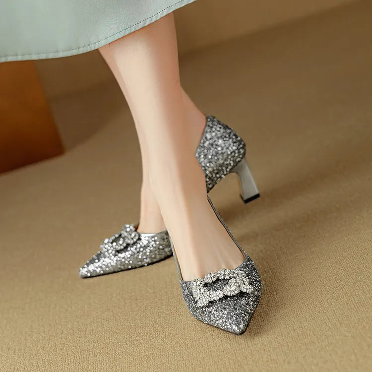 Women’s Glitter Pumps with Pointed Toe and Block Heel