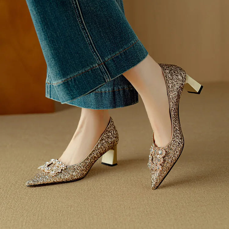 Women’s Glitter Pumps with Pointed Toe and Block Heel
