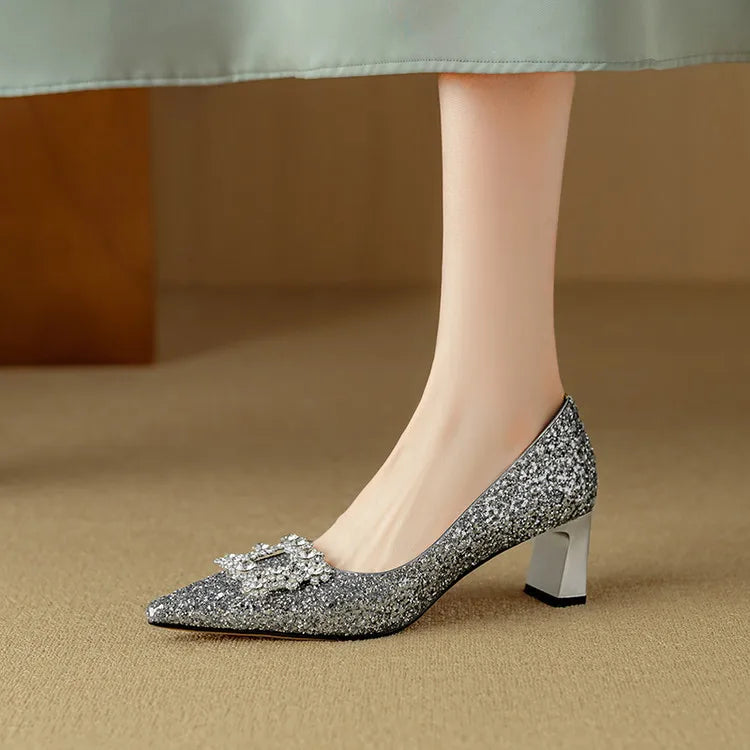 Women’s Glitter Pumps with Pointed Toe and Block Heel