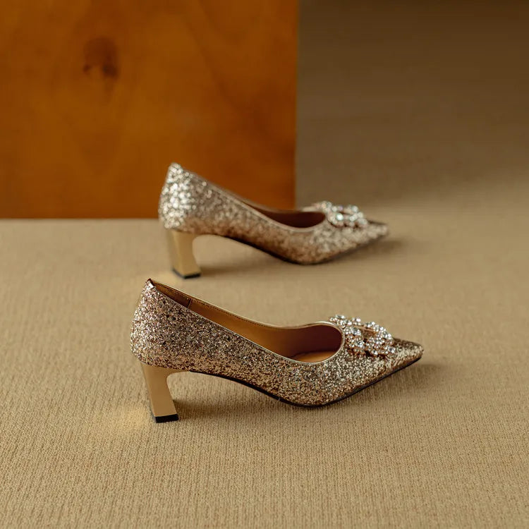 Women’s Glitter Pumps with Pointed Toe and Block Heel