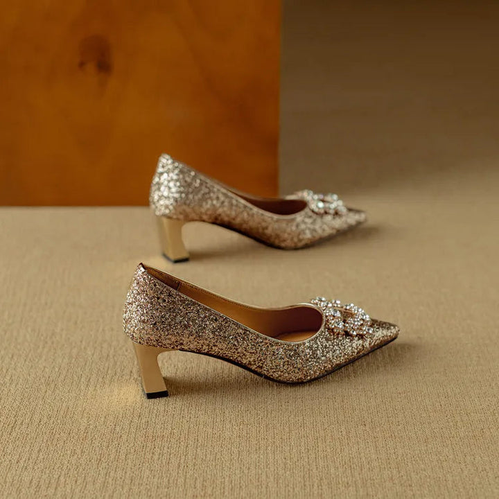 Women’s Glitter Pumps with Pointed Toe and Block Heel