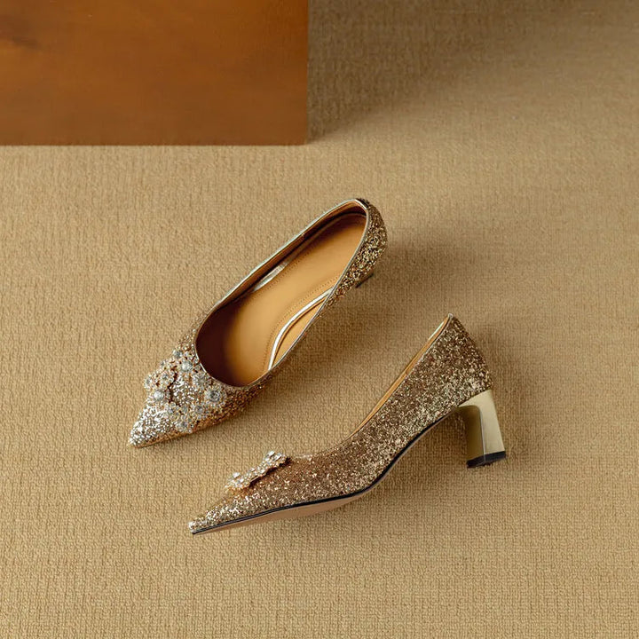Women’s Glitter Pumps with Pointed Toe and Block Heel