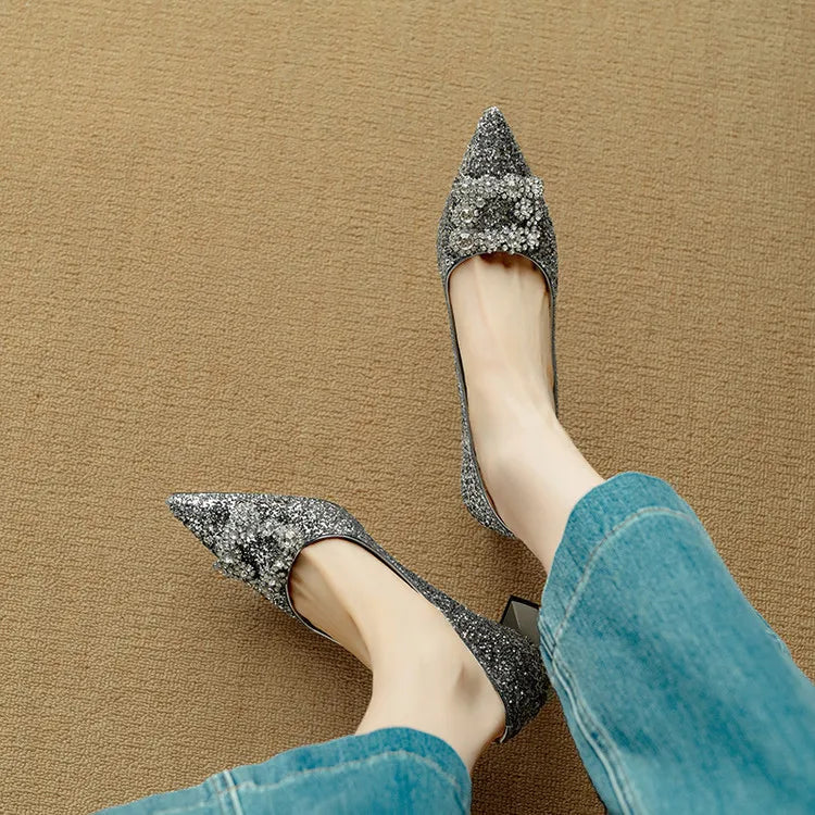 Women’s Glitter Pumps with Pointed Toe and Block Heel
