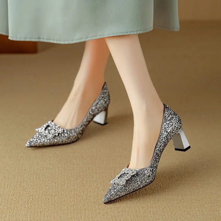 Women’s Glitter Pumps with Pointed Toe and Block Heel