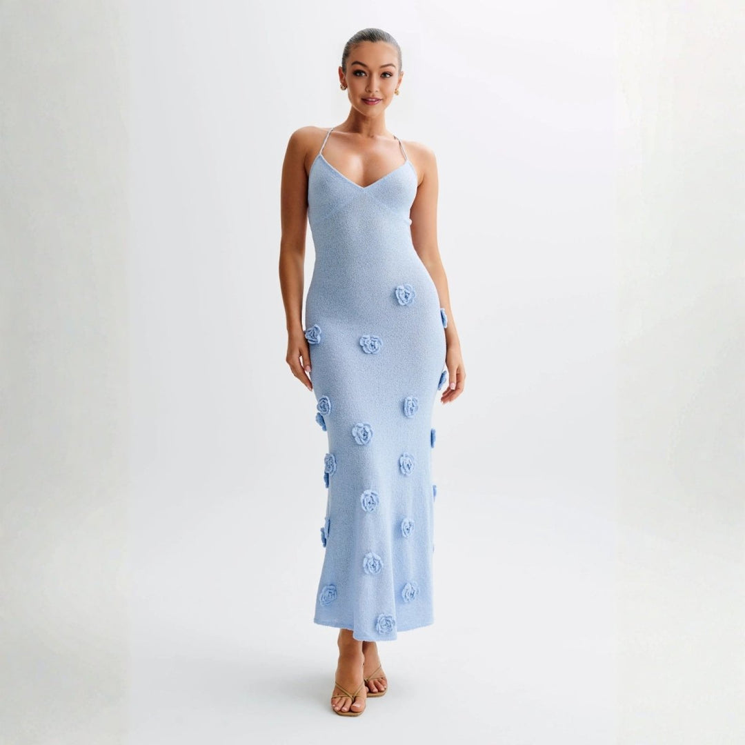 Women’s Knit Midi Dress with 3D Rosettes and Adjustable Back