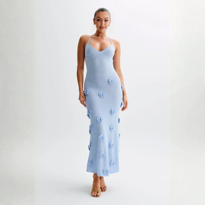 Women’s Knit Midi Dress with 3D Rosettes and Adjustable Back
