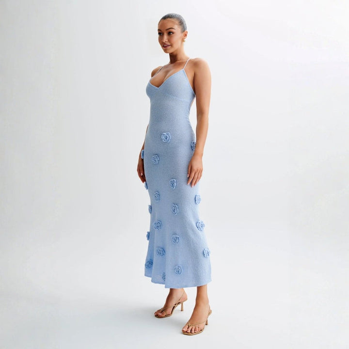 Women’s Knit Midi Dress with 3D Rosettes and Adjustable Back