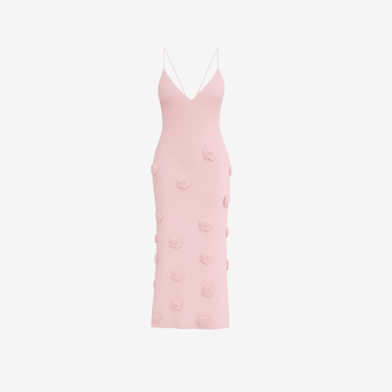 Women’s Knit Midi Dress with 3D Rosettes and Adjustable Back