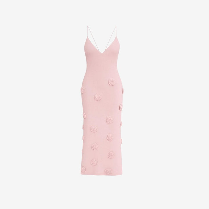 Women’s Knit Midi Dress with 3D Rosettes and Adjustable Back